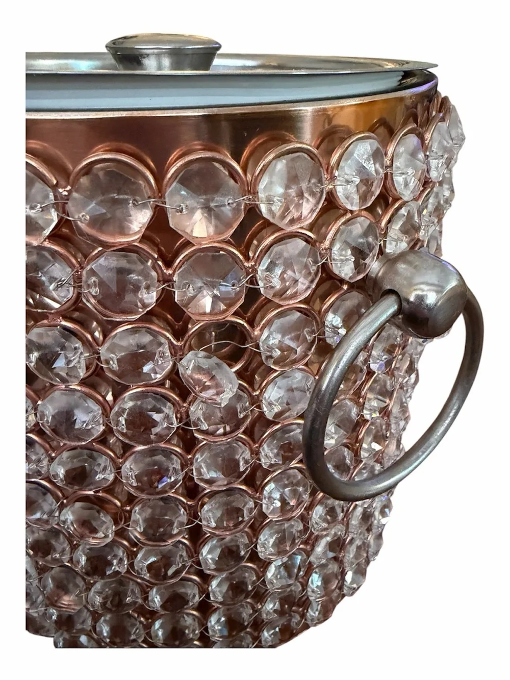 Glam Rose Copper Crystal Beaded Ice Bucket w/ Lid Hollywood Regency Barware